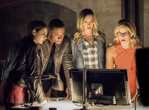 Arrow -- "Green Arrow" -- Image AR401A_0192bc -- Pictured (L-R): Willa Holland as Thea Queen, David Ramsey as John Diggle, Katie Cassidy as Laurel Lance and Emily Bett Rickards as Felicity Smoak  -- Photo: Dean Buscher /The CW -- ÃÂ© 2015 The CW Network, LLC. All Rights Reserved.